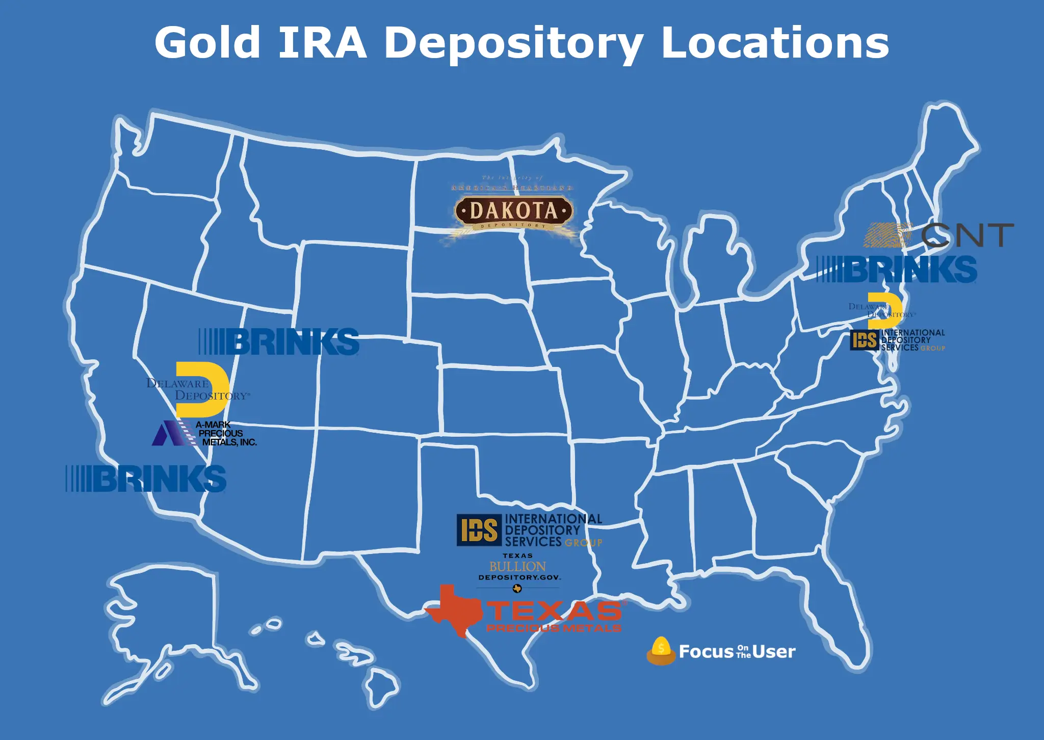 Map of each depository's storage locations by state in the USA Map of Gold IRA Depositories in the USA