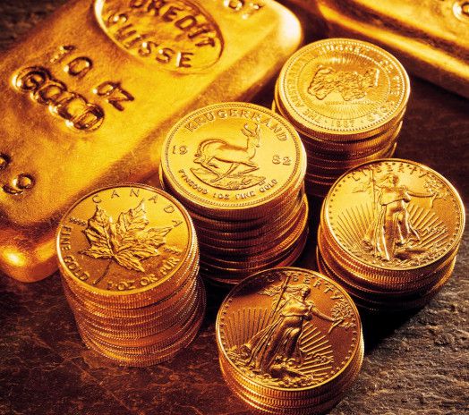 Gold bullion, coins, bars.